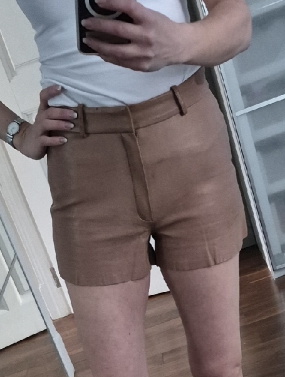 Lamarque High-Waist Tailored Leather Shorts in Tan